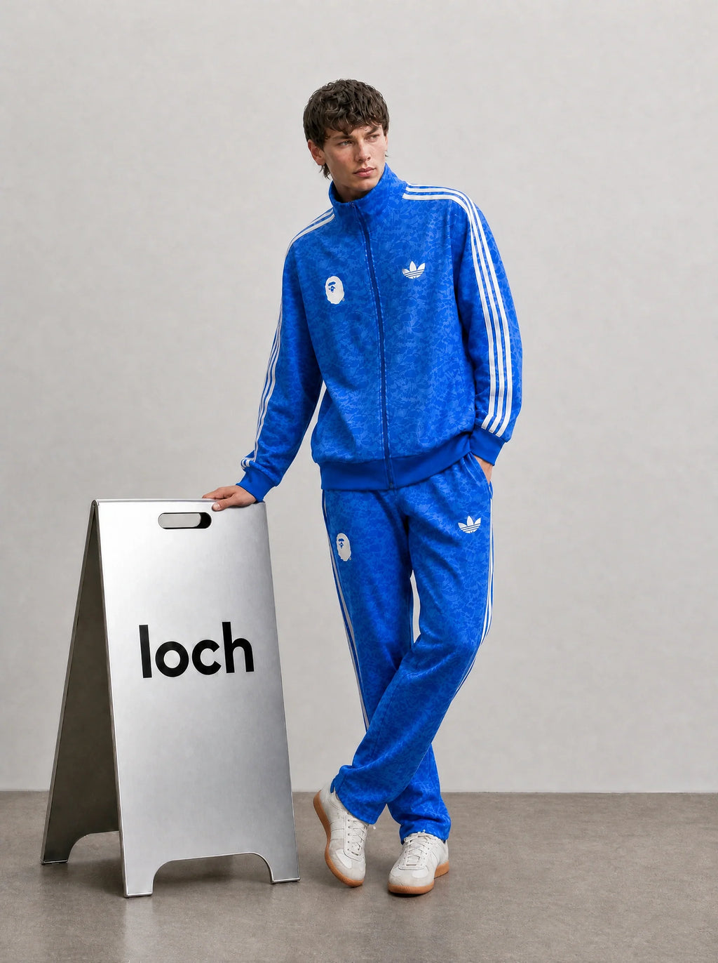 Adidas Kamuflaj Desenli Fermuarlı Eşofman Takımı Beyaz Mavi